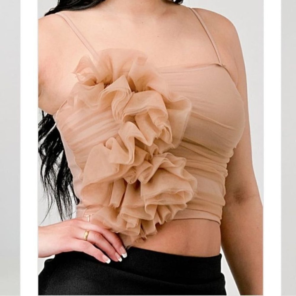 Fluffy Tulle Crop Top Tan Adjustable Straps
